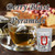 A clear glass mug filled with ruby-red Berry Blast tea next to a delicious sliced fruit pastry sitting upon a rustic wooden table.