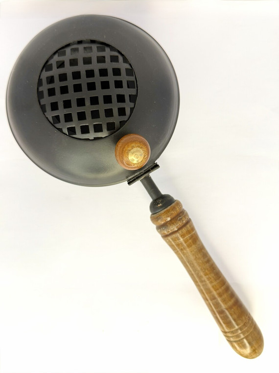 Black Metal Handheld Charcoal Incense Burner with Wooden Handle & Grid Lid