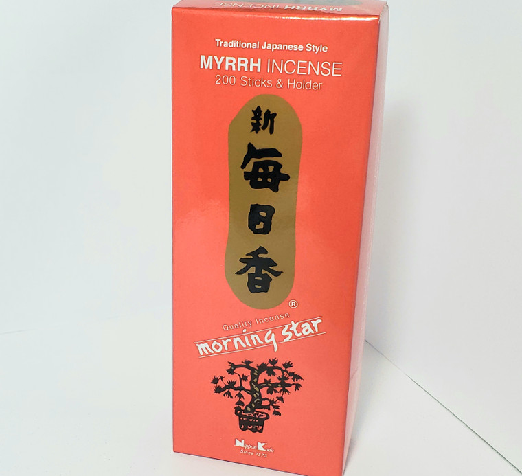 Morning Star Myrrh 200 stick incense.  Burnt orange color box with Japanese lettering on a gold background down front of box.