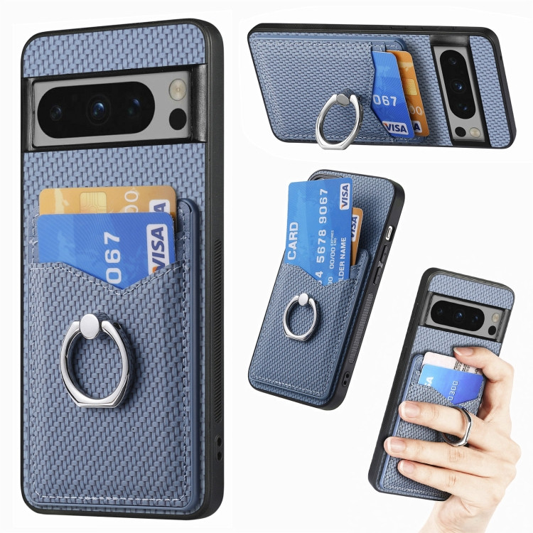 Google Pixel 8 Pro Carbon Fiber Card Wallet Ring Holder Phone Case - Blue Google Pixel 8 Pro Carbon Fiber Card Wallet Ring Holder Phone Case - Blue