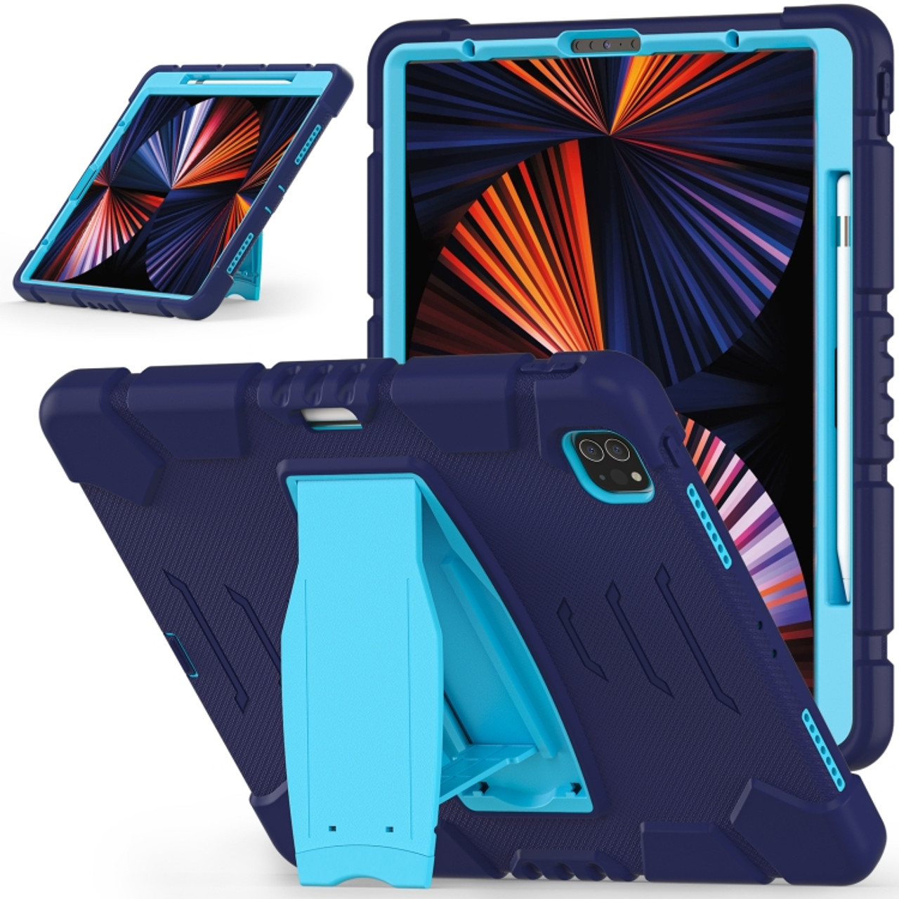 iPad Pro 12.9 2022 / 2021 3-Layer Protection Screen Frame + PC + Silicone  Shockproof Combination Tablet Case with Holder - NavyBlue+Blue