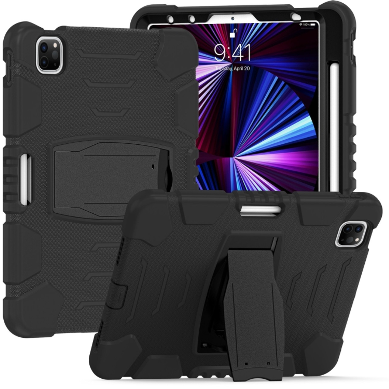 iPad Pro 11 2022 / 2021 / 2020 / 2018 3-Layer Protection Screen Frame + PC  + Silicone Shockproof Combination Tablet Case with Holder - Black+Black