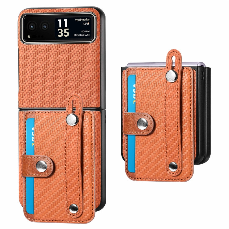 Motorola Razr 2023 Wristband Kickstand Card Wallet Back Cover Phone Case - Brown Motorola Razr 2023 Wristband Kickstand Card Wallet Back Cover Phone Case - Brown