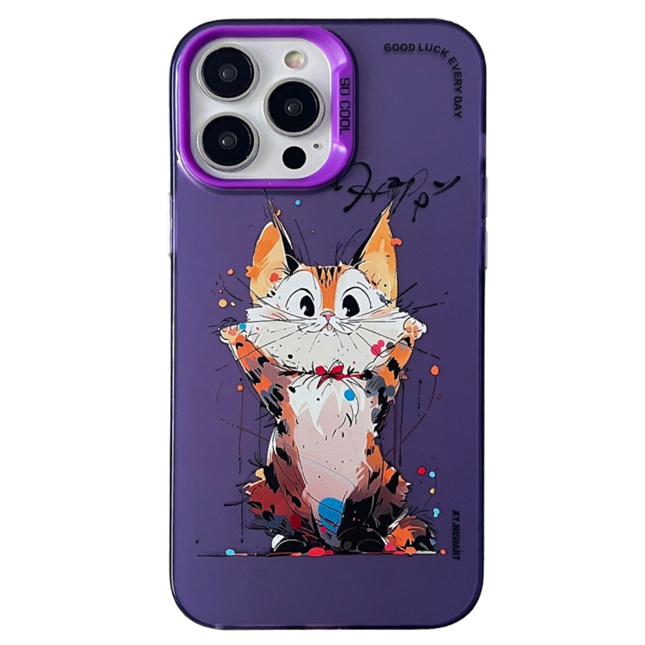 iPhone 14 Pro Max Double Layer Color Silver Series Animal Oil Painting  Phone Case - Cuddle Cat