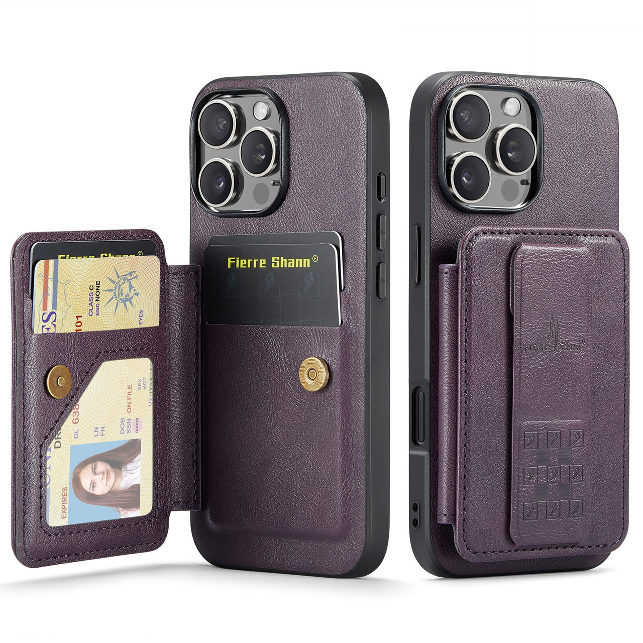 iPhone 16 Pro Max Fierre Shann Oil Wax Cow Leather Card Holder Back Phone  Case - Purple