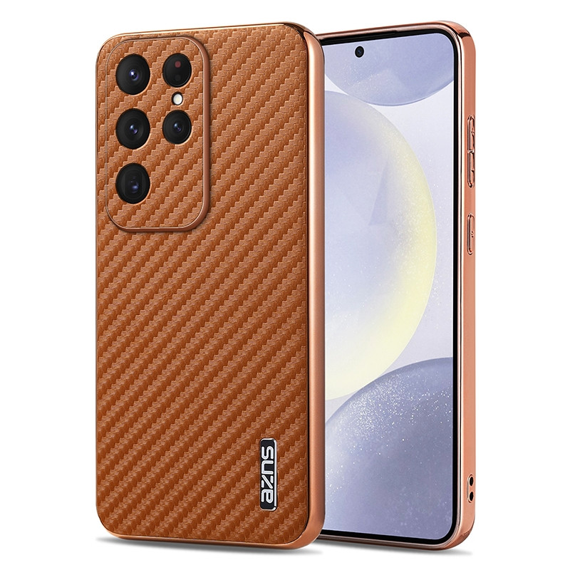 Samsung Galaxy S25 Ultra 5G AZNS Electroplated Edge Carbon Fiber Texture Phone Case - Brown Samsung Galaxy S25 Ultra 5G AZNS Electroplated Edge Carbon Fiber Texture Phone Case - Brown