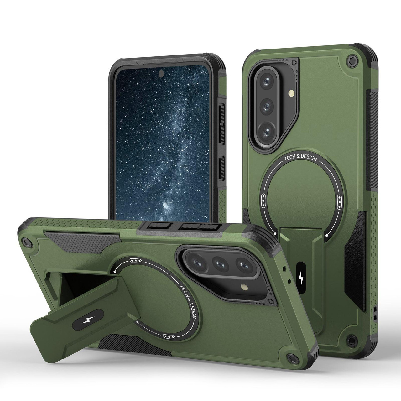 Samsung Galaxy A36 / A56 5G Armor MagSafe Holder PC Hybrid TPU Phone Case - Army Green Samsung Galaxy A36 / A56 5G Armor MagSafe Holder PC Hybrid TPU Phone Case - Army Green