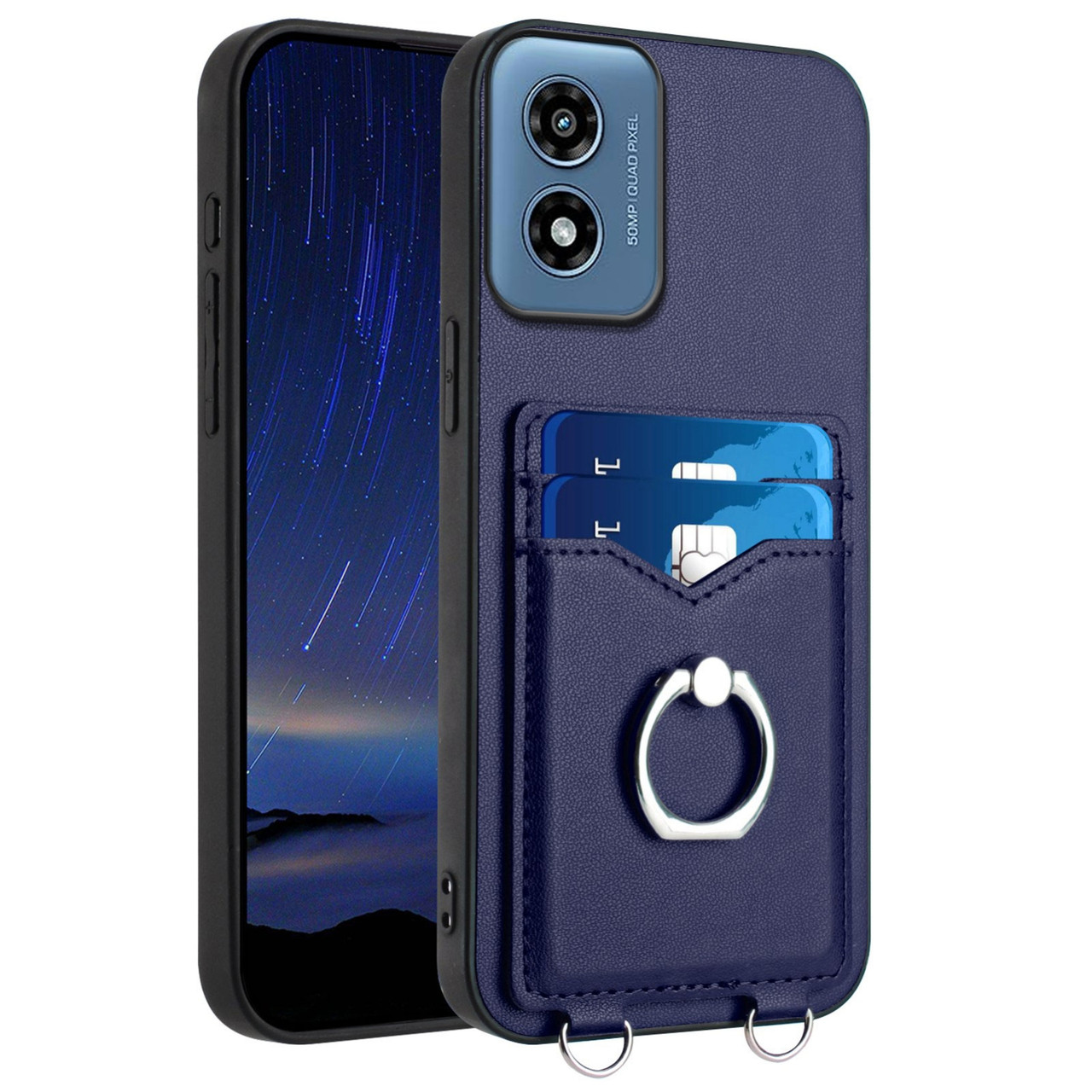 Moto G Play 2024 R20 Ring Card Holder Phone Case - Blue Moto G Play 2024 R20 Ring Card Holder Phone Case - Blue
