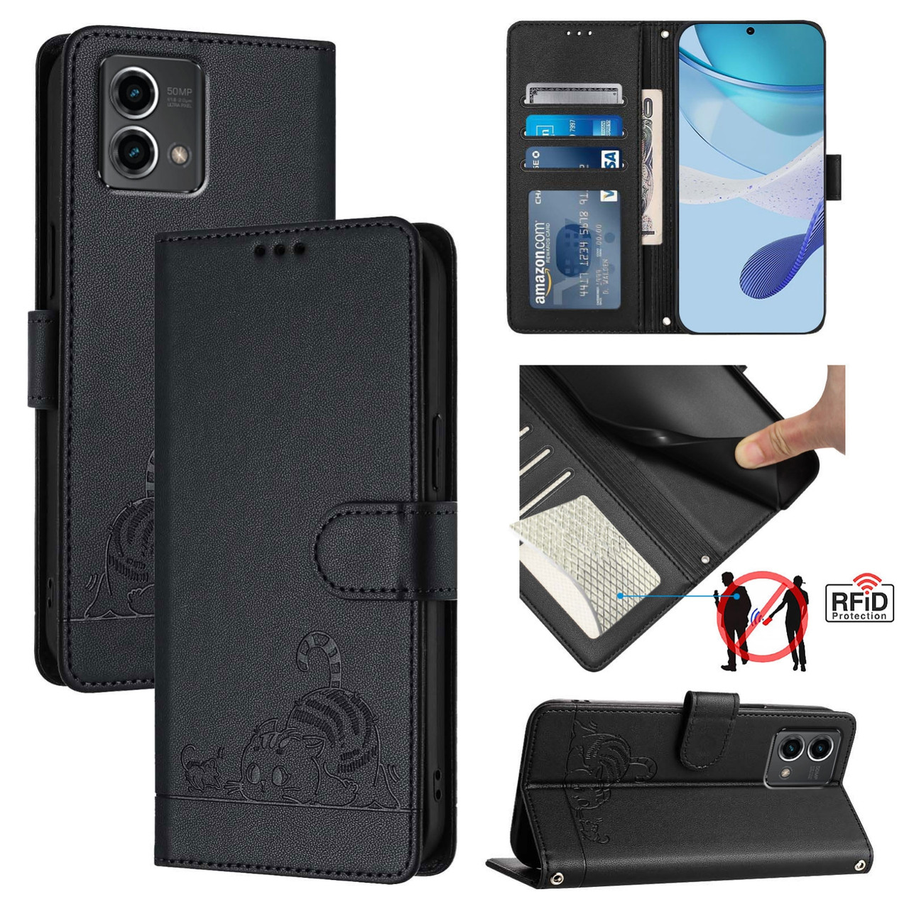 Moto G Stylus 5G 2024 Cat Rat Embossed Pattern RFID Leather Phone Case with Lanyard - Black Moto G Stylus 5G 2024 Cat Rat Embossed Pattern RFID Leather Phone Case with Lanyard - Black