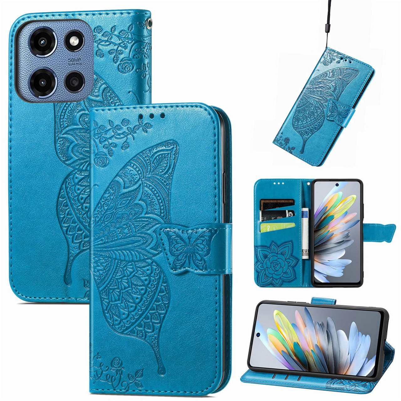 Moto G 2025 Butterfly Love Flower Embossed Leather Phone Case - Blue