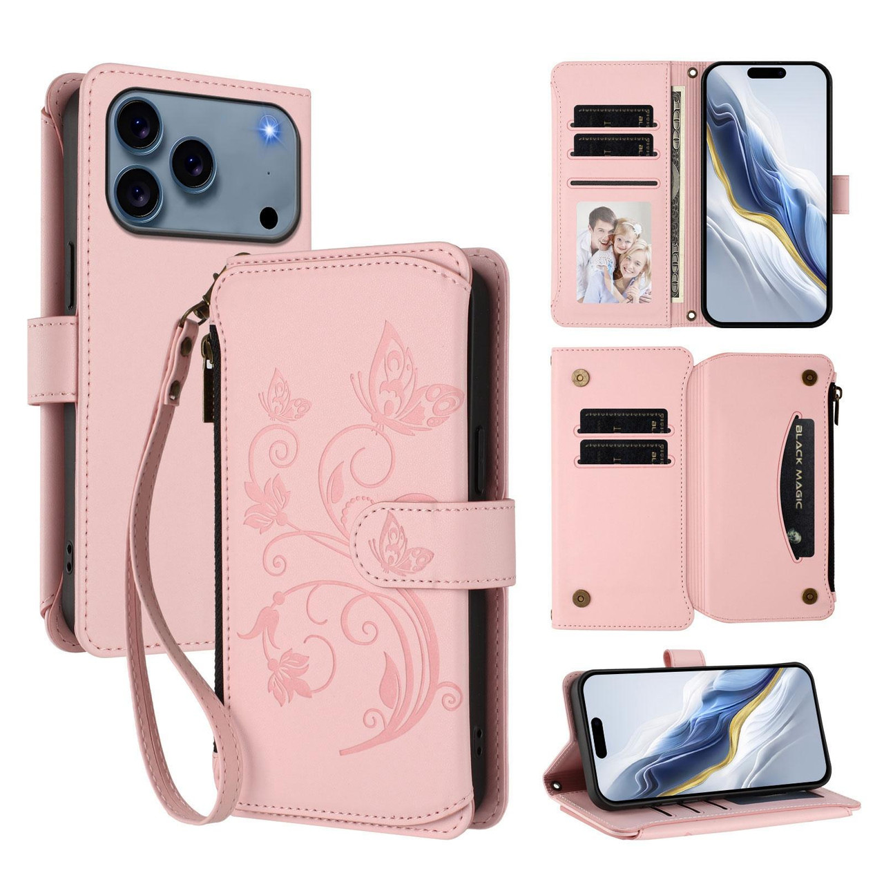 iPhone 17 Pro Max Butterfly Love Flower Multi-card Zipper Wallet