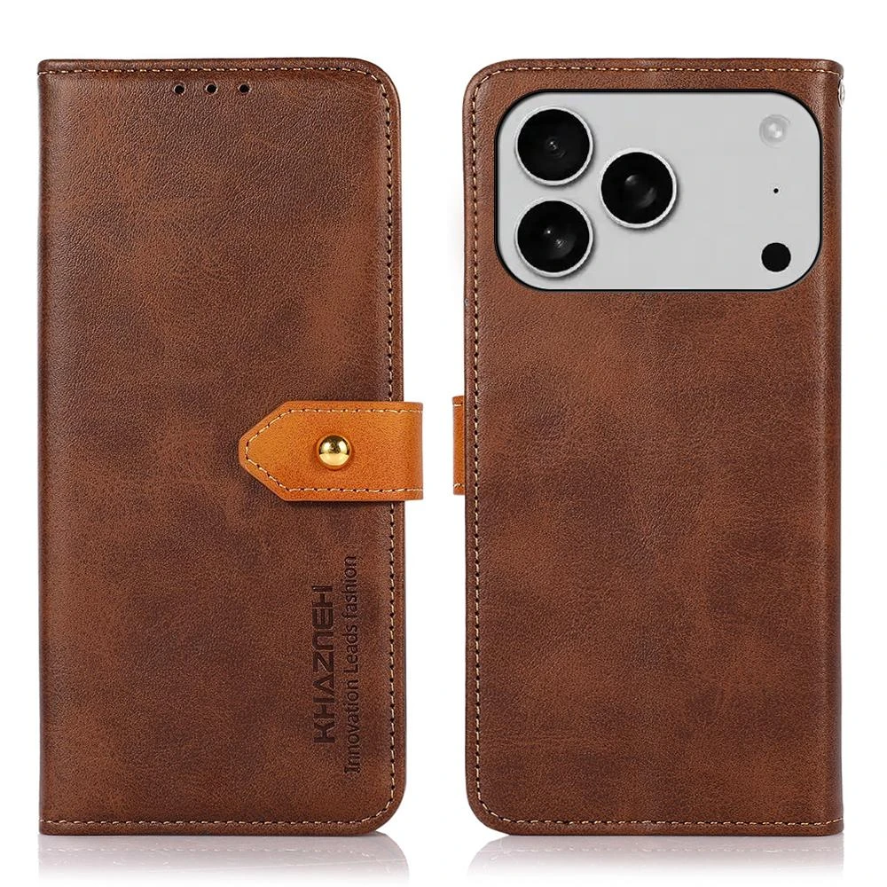 iPhone 17 Pro Max KHAZNEH Dual-color Cowhide Texture Flip Leather Phone  Case - Brown