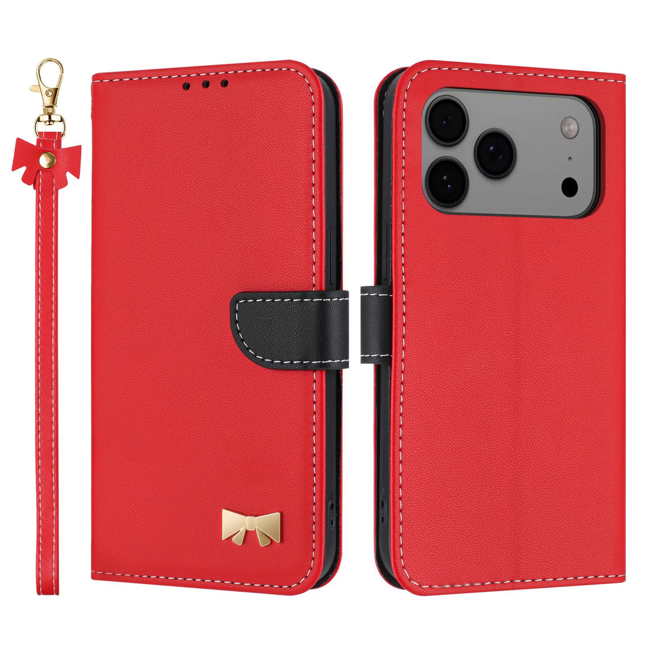 iPhone 17 Pro Max Metal Bow Leather Phone Case with Hand Strap - Red iPhone 17 Pro Max Metal Bow Leather Phone Case with Hand Strap - Red