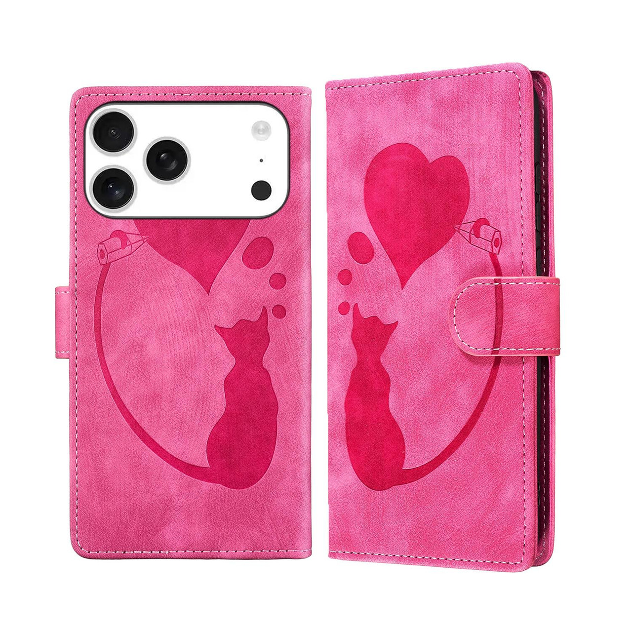 iPhone 17 Pro Max Pen Heart Cat Embossed Leather Phone Case - Pink