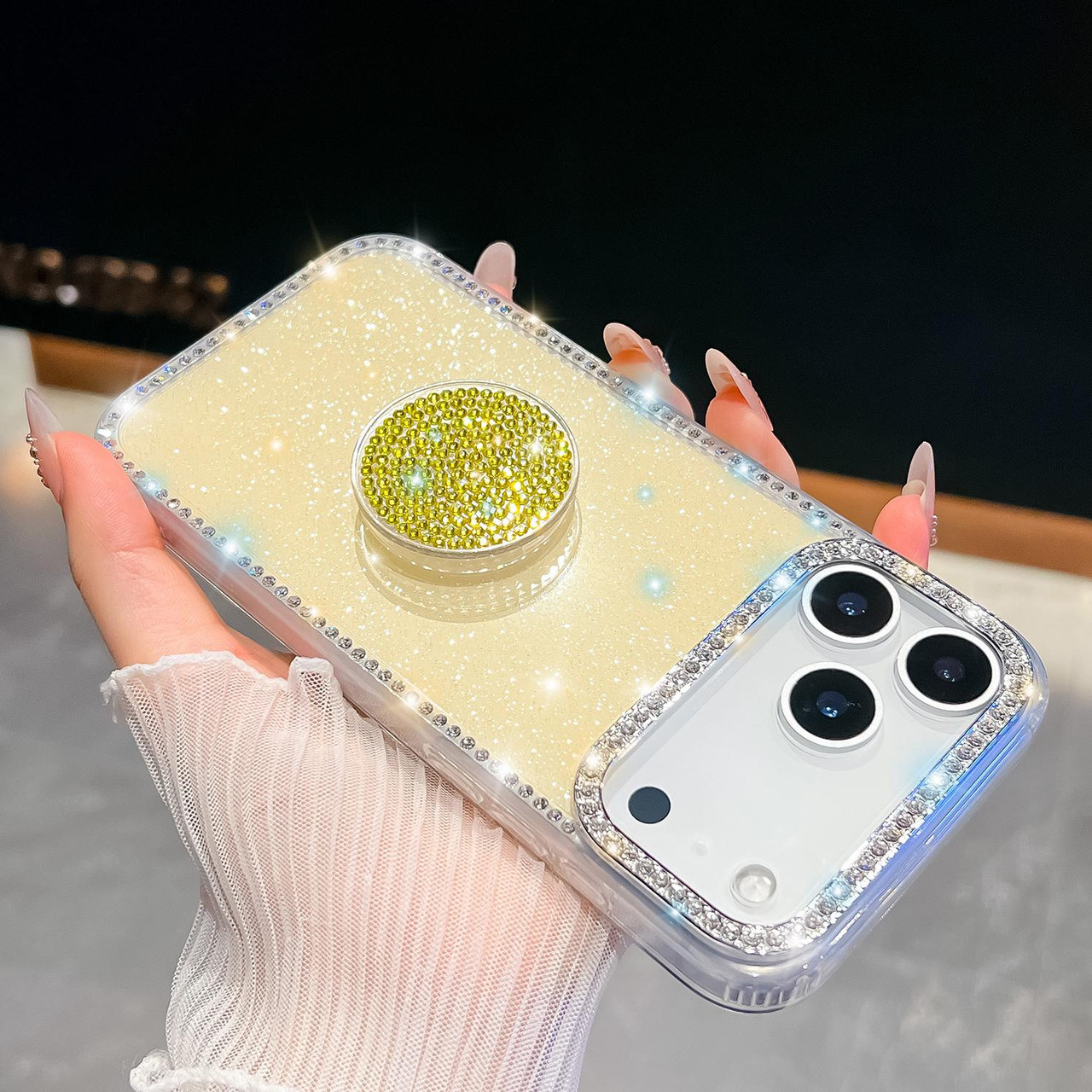 iPhone 17 Pro Diamond Glitter Diamond Round Holder Phone Case - Light Yellow