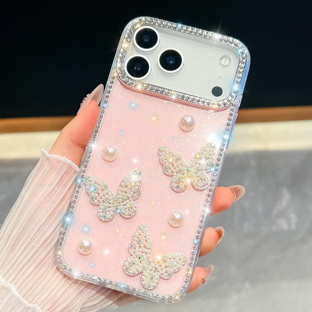 iPhone 17 Pro Diamond Glitter Pearl Butterfly Four-Corner