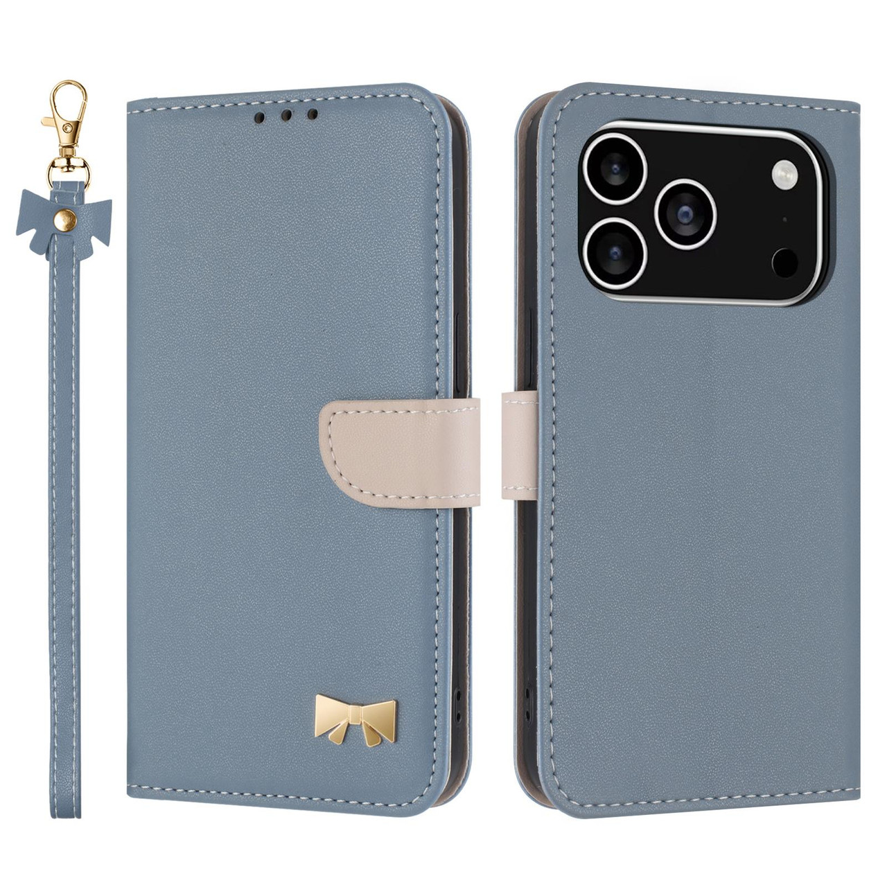 iPhone 17 Pro Metal Bow Leather Phone Case with Hand Strap - Light