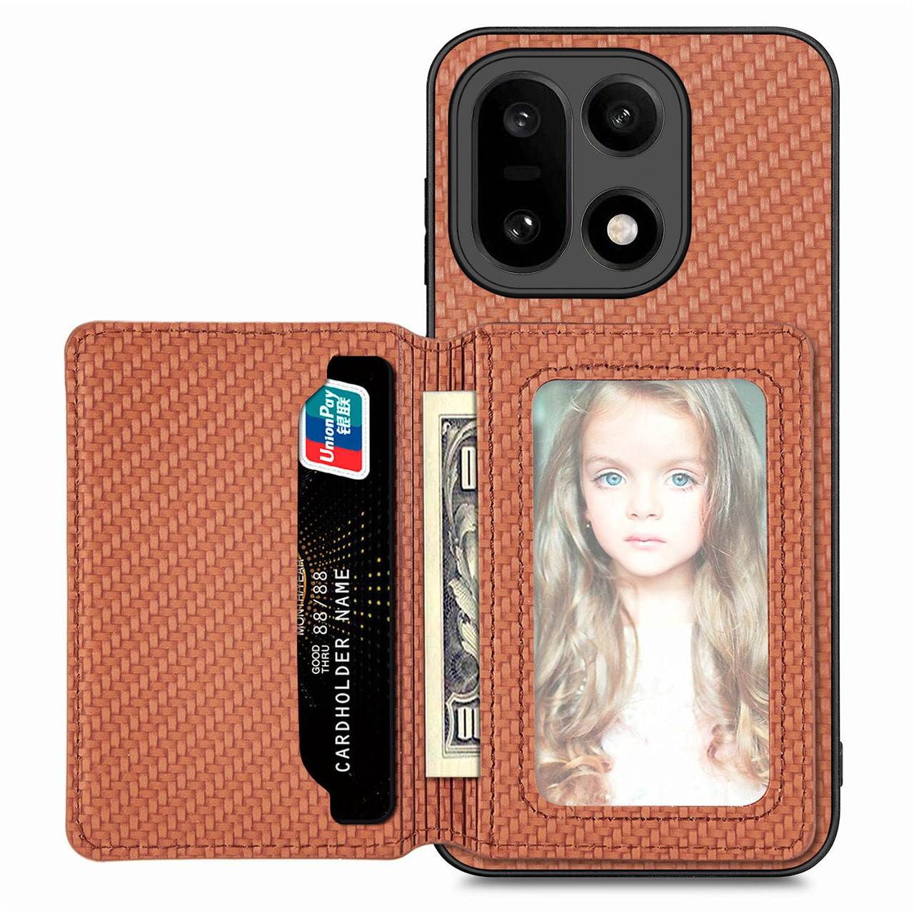 OnePlus 15 Carbon Fiber Magnetic Card Bag Phone Case - Brown