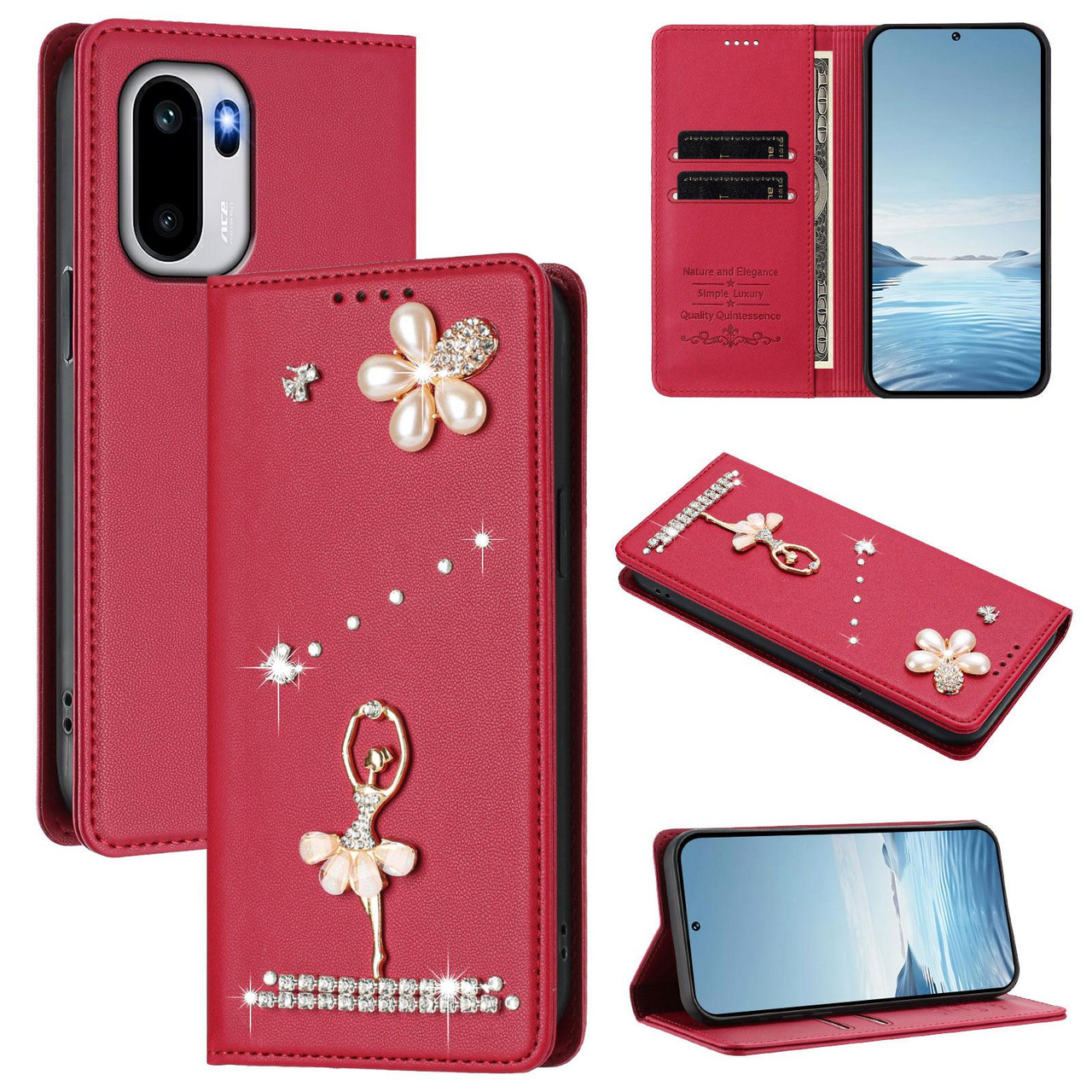OnePlus 15R Ballet Girl Diamond Studded RFID Vegan Leather Phone Case -  Wine Red