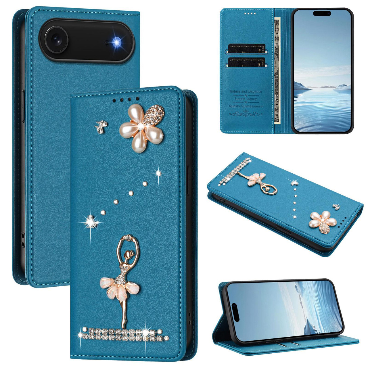 iPhone Air Ballet Girl Diamond Studded RFID Vegan Leather Phone Case - Lake Blue iPhone Air Ballet Girl Diamond Studded RFID Vegan Leather Phone Case - Lake Blue