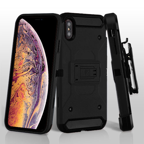 Asmyna Kinetic Hybrid Protector Cover Combo (with Black Holster) for Apple iPhone XS Max - Black / Black