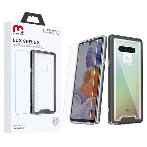 MyBat Pro Lux Series Hybrid Case (Tempered Glass Screen Protector) for Lg Stylo 6 - Black / Transparent Clear