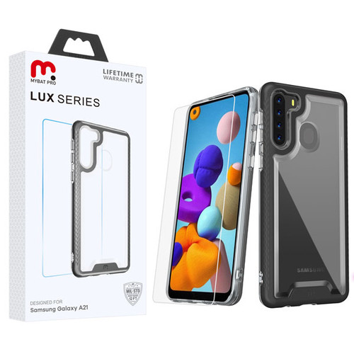 MyBat Pro Lux Series Hybrid Case (Tempered Glass Screen Protector) for Samsung Galaxy A21 - Black / Transparent Clear