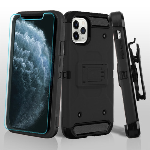 MyBat 3-in-1 Kinetic Hybrid Protector Cover Combo (with Black Holster)(Tempered Glass Screen Protector) for Apple iPhone 11 Pro - Black / Black