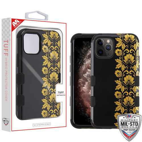 MyBat TUFF Hybrid Protector Cover [Military-Grade Certified] for Apple iPhone 11 Pro Max - Gold Floral Stripe / Black