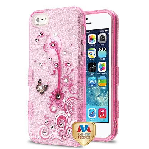MyBat Full Glitter TUFF Hybrid Protector Cover for Apple iPhone 5s/5 - Butterfly Flowers (Pink) Diamante