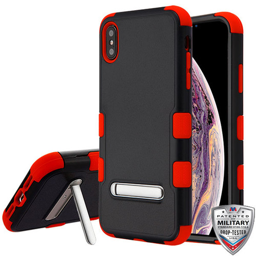 MyBat TUFF Hybrid Protector Cover (with Magnetic Metal Stand)[Military-Grade Certified] for Apple iPhone XS Max - Natural Black / Red
