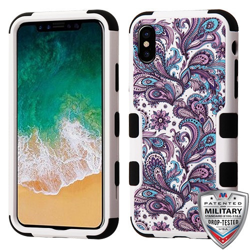 MyBat TUFF Hybrid Protector Cover [Military-Grade Certified] for Apple iPhone XS/X - Purple European Flowers / Black