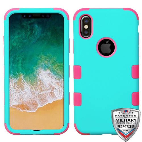 MyBat TUFF Hybrid Protector Cover [Military-Grade Certified] for Apple iPhone XS/X - Rubberized Teal Green / Electric Pink