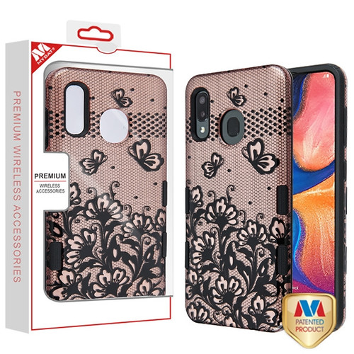 MyBat TUFF Subs Hybrid Case for Samsung Galaxy A20 - Black Lace Flowers (2D Rose Gold) / Black