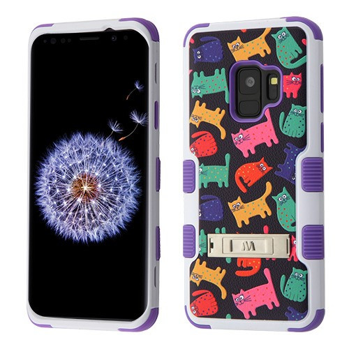 MyBat TUFF Hybrid Protector Cover (with Stand)[Military-Grade Certified] for Samsung Galaxy S9 - Colored Kittens / Purple