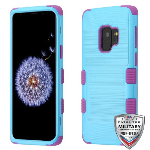 MyBat TUFF Hybrid Protector Cover [Military-Grade Certified] for Samsung Galaxy S9 - Metallic Baby Blue Brushed / Electric Purple