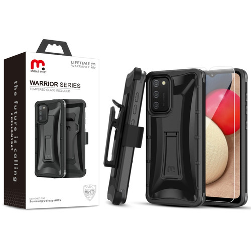 MyBat Pro Warrior Series Case with Holster and Tempered Glass for Samsung Galaxy A02s - Black