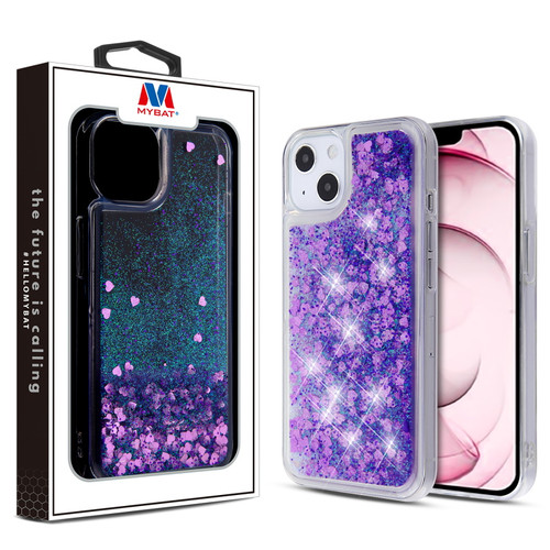 MyBat Quicksand Glitter Hybrid Protector Cover for Apple iPhone 13 (6.1) - Hearts & Purple