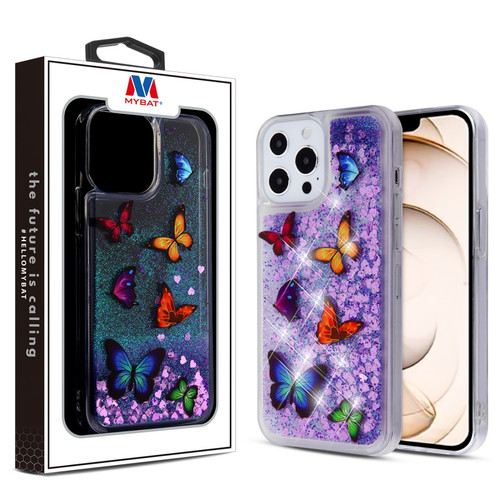 MyBat Glitter Hybrid Protector Cover for Apple iPhone 13 Pro (6.1) - Butterfly Dancing & Purple Quicksand (Hearts)