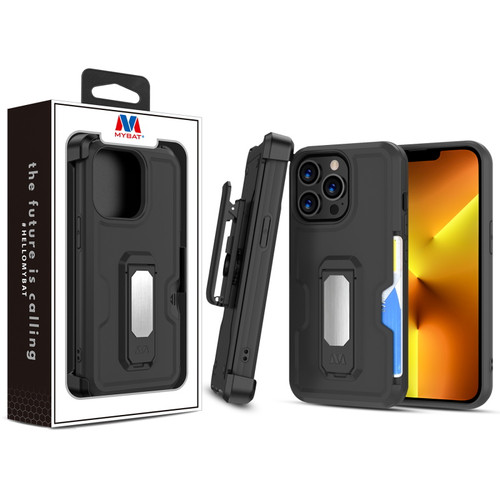 MyBat Grip Stand Protector Case Combo (with Black Holster)(with Card Wallet) for Apple iPhone 13 Pro (6.1) - Black / Black