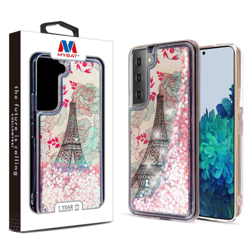 MyBat Quicksand Glitter Hybrid Protector Cover for Samsung Galaxy S22 Plus - Eiffel Tower & Pink Hearts