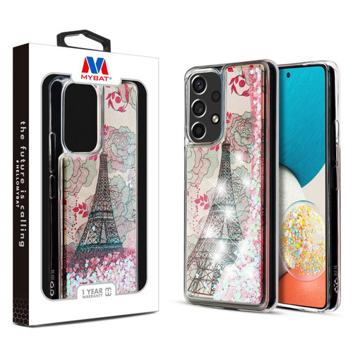 MyBat Quicksand Glitter Hybrid Protector Cover for Samsung Galaxy A53 5G - Eiffel Tower & Pink Hearts
