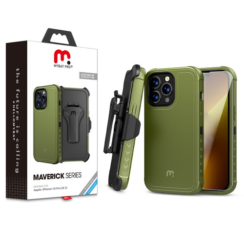 MyBat Pro Maverick Series Case with Holster and Tempered Glass for Apple iPhone 13 Pro (6.1) - Army Green / Black