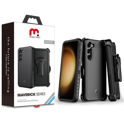 MyBat Pro Antimicrobial Maverick Series Case with Holster for Samsung Galaxy S23 Plus - Black / Black