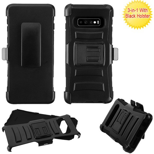 Asmyna Armor Stand Protector Cover Combo with Holster for Samsung Galaxy S10 - Black / Black
