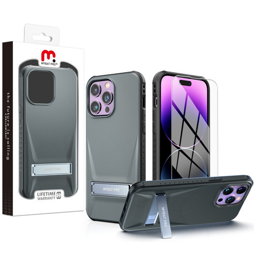 MyBat Pro Beyonder Series Case with Tempered Glass with Kickstand for Apple iPhone 14 Pro (6.1) - Gray