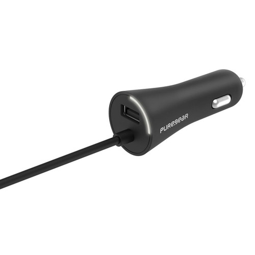 PureGear 30W Single USB-A + Straight Corded 3FT Lightning PD Car Charger - Black