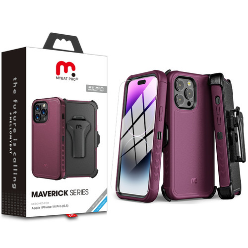 MyBat Pro Antimicrobial Maverick Series Case with Holster and Tempered Glass for Apple iPhone 14 Pro (6.1) - Plum / Black