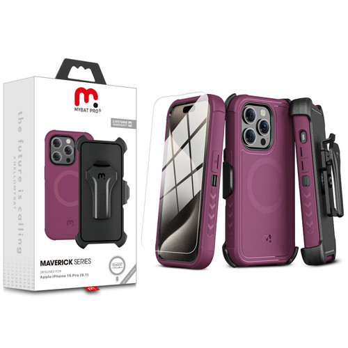 MyBat Pro Antimicrobial Maverick Series w/ MagSafe Case with Holster and Tempered Glass for Apple iPhone 15 Pro - Plum / Black