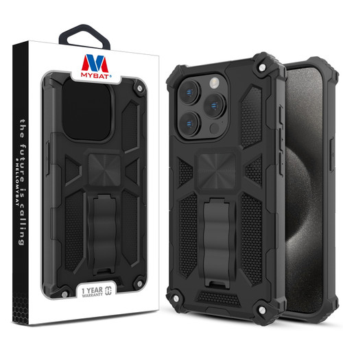 MyBat Sturdy Hybrid Protector Cover (with Stand) for Apple iPhone 15 Pro - Black / Black